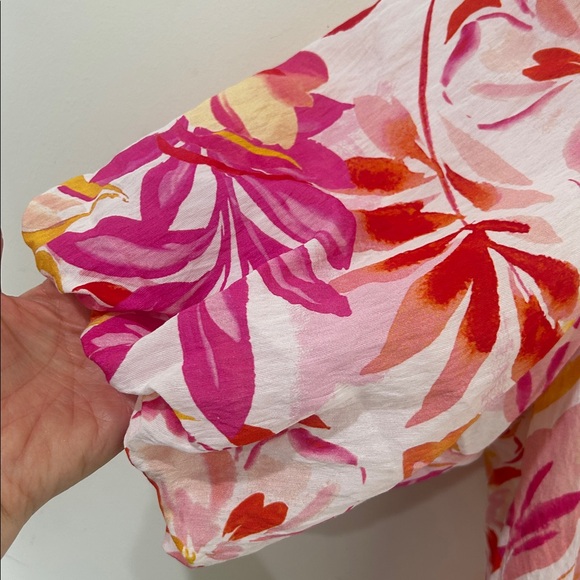 THML Floral Puff Sleeve Blouse Medium Pink Orange Tropical Ruffle Neck - Picture 6 of 16